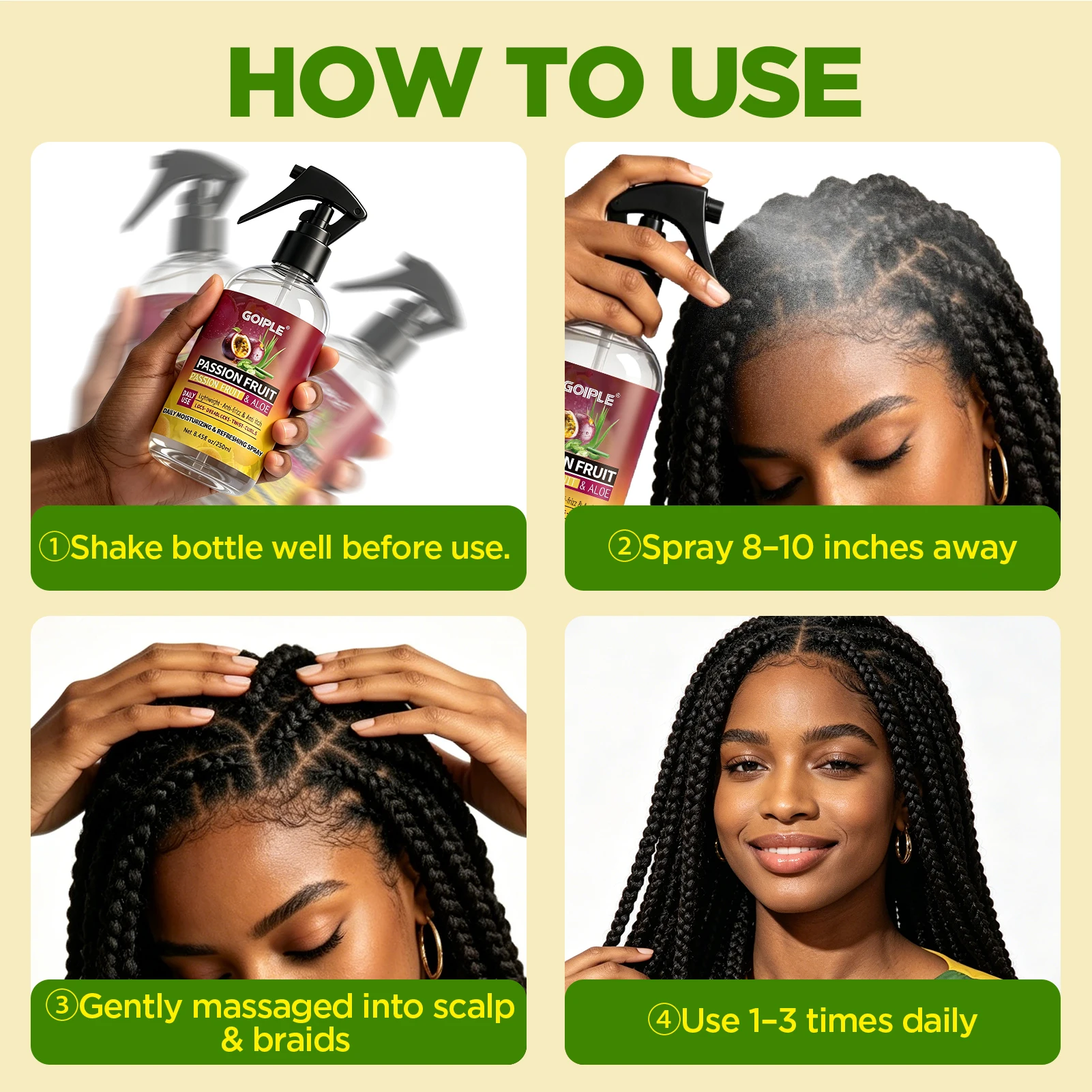 Passion Fruit No Rinse Leave In Hair Spray and Wooden Scalp Brush - Image 8