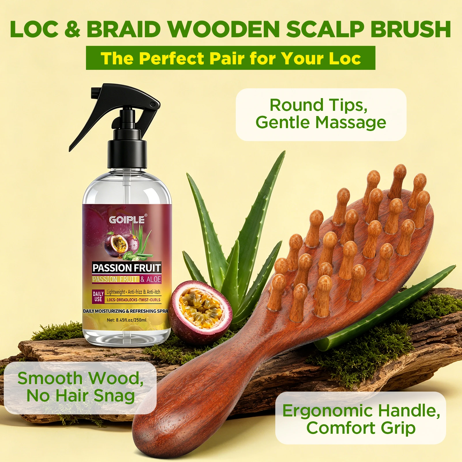 Passion Fruit No Rinse Leave In Hair Spray and Wooden Scalp Brush - Image 5