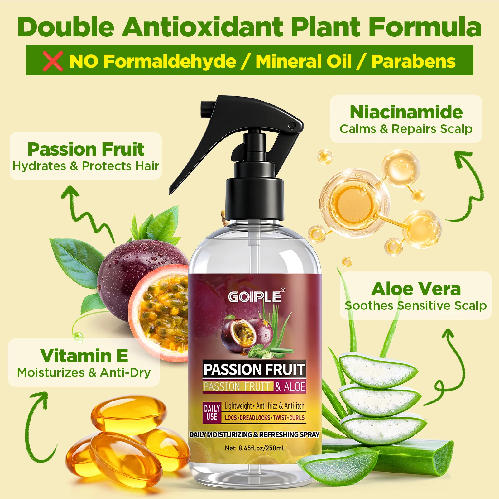Passion Fruit No Rinse Leave In Hair Spray and Wooden Scalp Brush - Image 2
