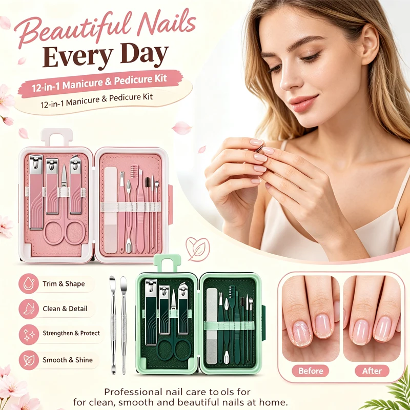12 Pcs Manicure Set Stainless Steel Nail Clipper Kit - Image 1